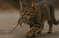 kaķis nes zobos noķertu peli